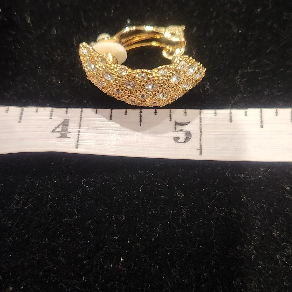 Gold Tone Pave Rhinestone Clip On Earrings Vintage Style Scalloped J Hoop